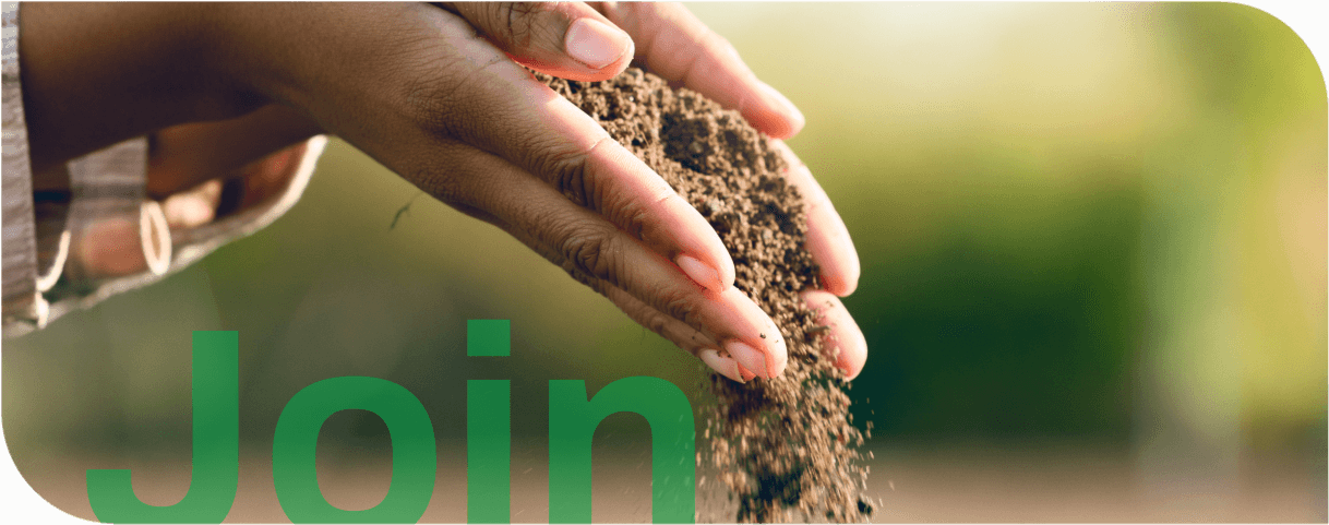Hands holding soil. Overlaid text reading "join".
